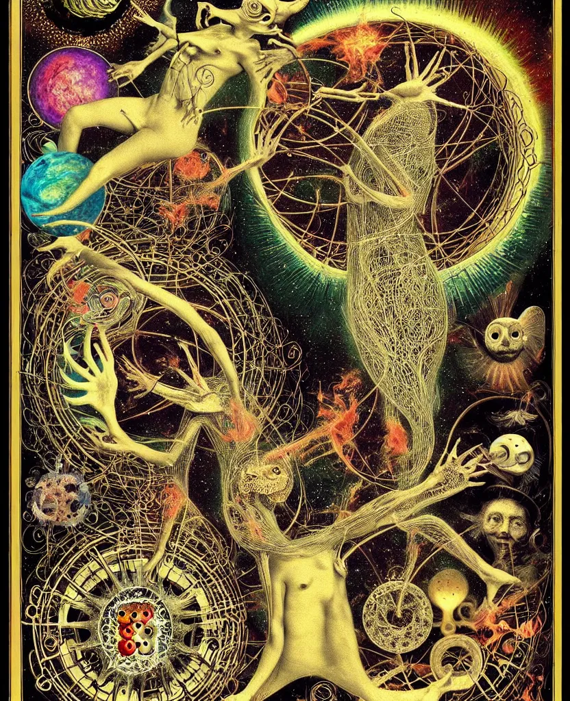 Prompt: whimsical freaky creature sings a unique canto about'as above so below'being ignited by the spirit of haeckel and robert fludd, breakthrough is iminent, glory be to the magic within, cosmic collage by ronny khalil