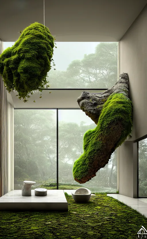 Image similar to highly detailed villa natural beautiful light interior soft cinematic composition of a smooth ceramic porcelain biomorphic magnolia stone nebula fluid sci - fi surreal colorful architecture landscape, furniture, granite, trees, marble, moss, lichen, fungi, vincent callebaut composition, mamou - mani, archviz, 8 k, unreal engine, hdr