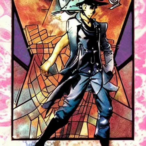 Prompt: the hacker magician in jojo pose tarot card, by yoji shinkawa and esao andrews