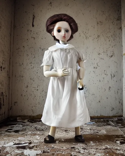 Image similar to portrait of a creepy little girl porcelain doll wearing a dirty white dress with long wet black hair standing in a filthy room in an abandoned old asylum, photo by mario testino, 8k octane render, cinematic,