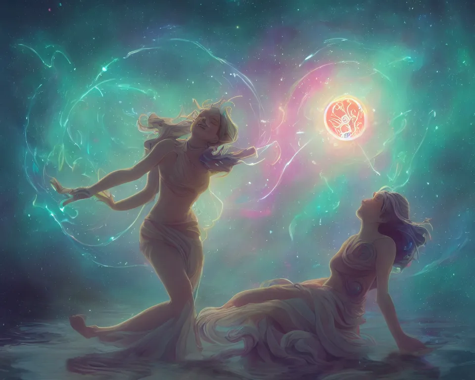 Image similar to a beautiful whimsical goddess floating above a lake basking in the moonlight, fire bending, underneath a multi-colored binary blackhole with an accretion disc, glowing trails following her arms, synthwave, by Lois van Baarle, by Greg Rutkowski, by artgerm, by beeple, by studio ghibli, cinematic angle, volumetric lighting, 4k resolution, octane render, trending on artstation, masterpiece