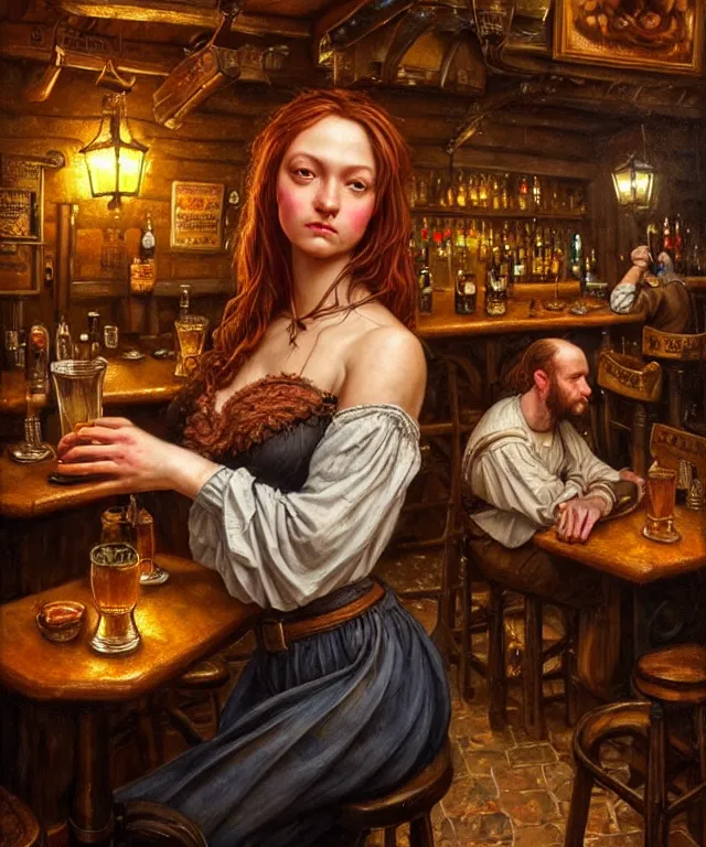 Prompt: hyperrealistic mixed media painting of a barmaid, dimly lit cozy tavern, relaxed pose, medieval d&d mood, several drinking patrons, intricate, wild, highly detailed, digital painting, artstation, concept art, smooth, sharp focus, illustration, art by Tim Okamura and Gerald Brom, perfect facial symmetry, vibrant deep colors, intricate, epic composition, grim yet sparkling atmosphere, dim volumetric lighting, 8k octane beautifully detailed render, post-processing, extremely hyperdetailed, cinematic lighting + masterpiece, trending on artstation