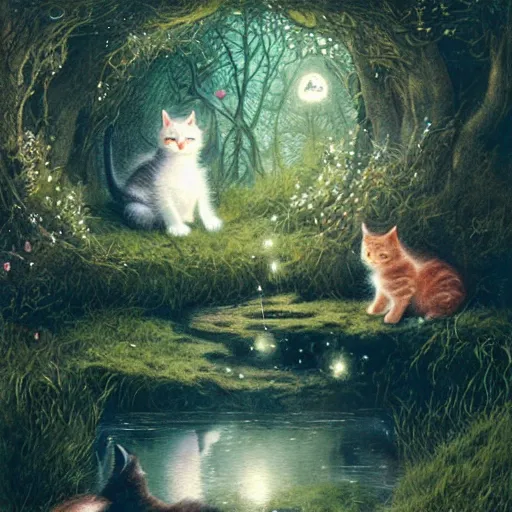 Prompt: two kittens in the enchanted forest watching the goldfish in the stream, fantasy, intricate, extremely detailed, matte, artstation, art by greg rutkowski, louis wain, alan lee