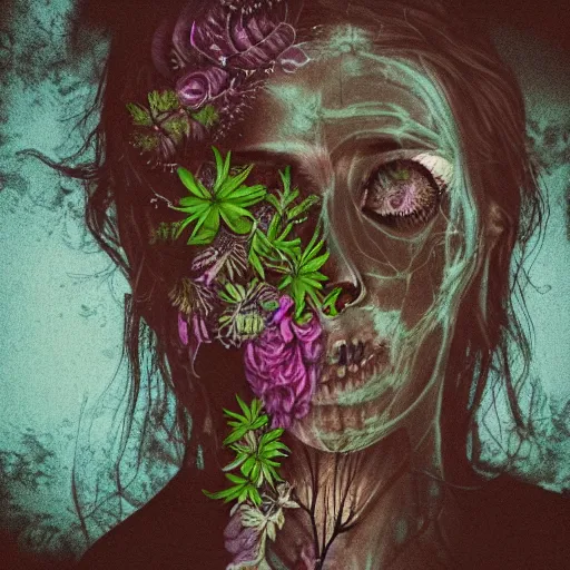 Image similar to a beautiful detailed front view portrait of a rotten woman corpse with fractal plants and fractal flowers growing around, volumetric light, beautiful lit, polaroid photography