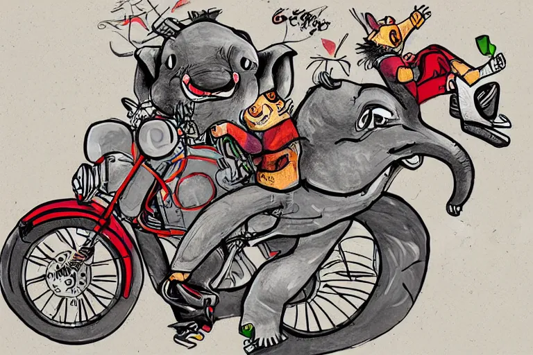 Image similar to a cartoon graffiti illustration of red pandas riding an elephant motorbike by stom 5 0 0