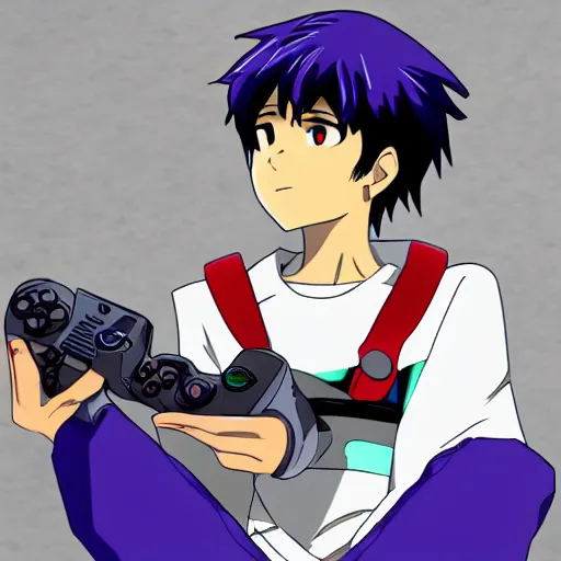 Prompt: Shinji from evangelion as a gamer,