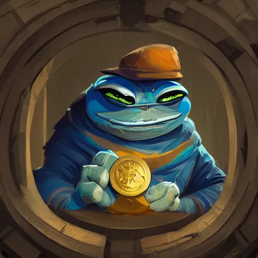 Image similar to super rich happy pepe in the vault, luxury, treasury, coins, money, hyper detalied, blue crystals, greg rutkowski, artstation