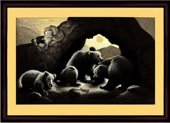 Image similar to Pieter Claesz's 'a bear and her cubs sleeping in a dark cave, lit by hole in roof', night time, cross hatching, backlit, beautiful wooden frame, monochrome, colours of the sunset