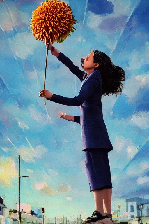 Image similar to closeup giant dahlia flower head, girl in a suit on a street, surreal photography, blue sky, sunrise, dramatic light, impressionist painting, digital painting, artstation, simon stalenhag