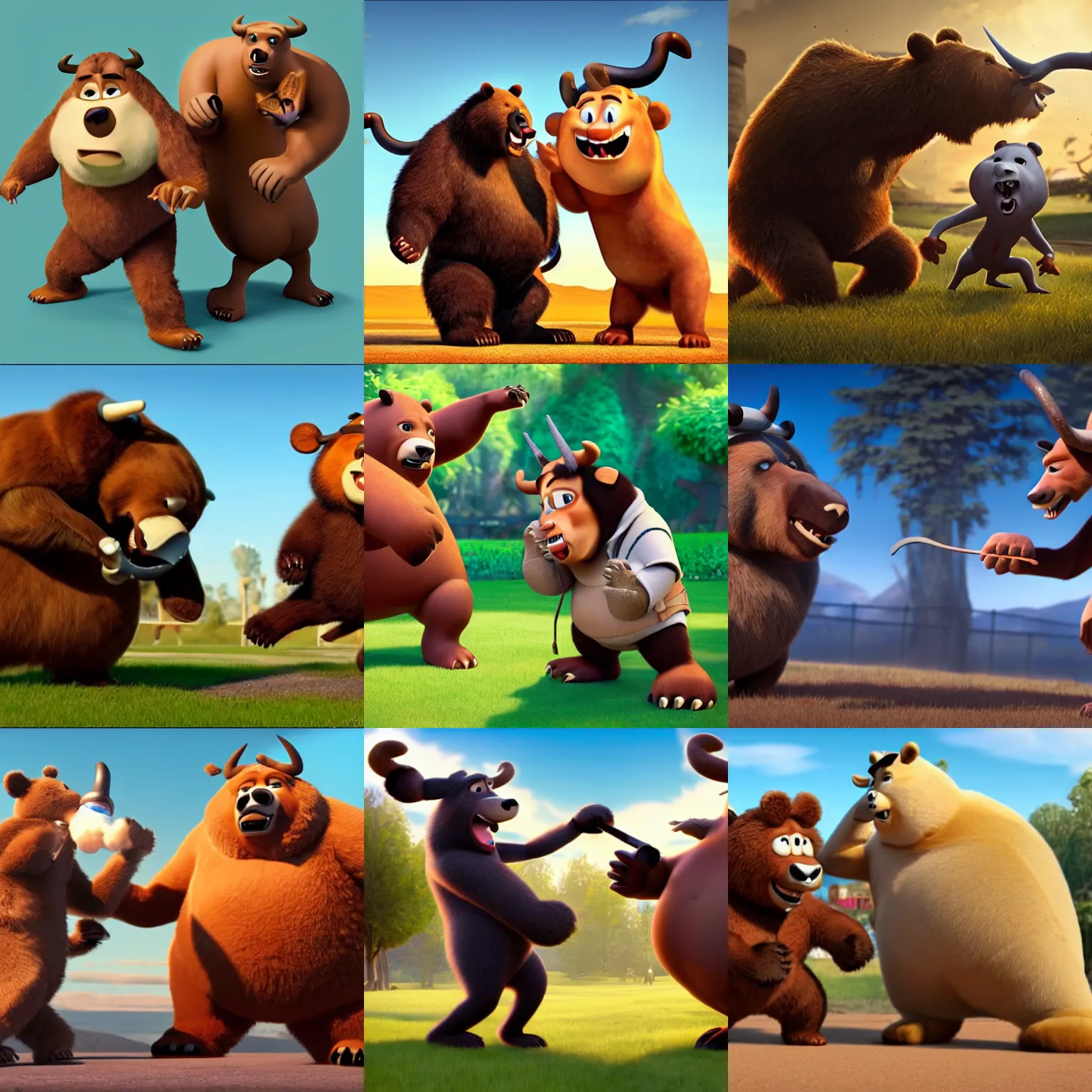 Prompt: anthropomorphic bear fighting an anthropomorphic bull, Pixar style