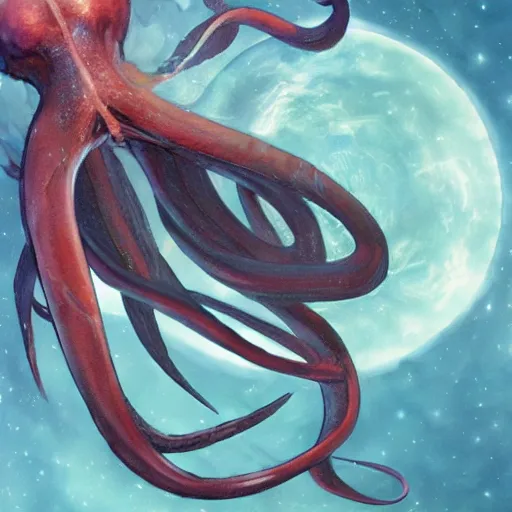 Image similar to giant squid floating in space, 8k, digital art, sci-fi, trending on artstation, artwork by Riccardo Federici