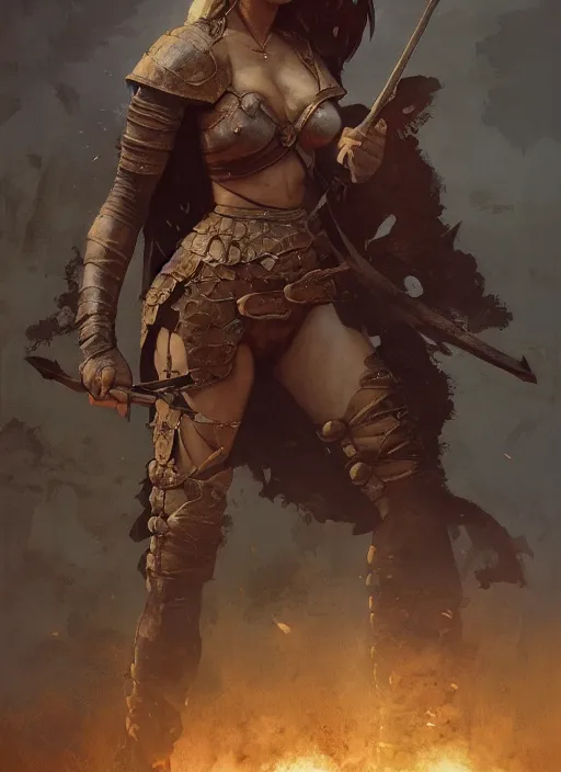 Prompt: hyper realistic photo of experienced medieval pit warrior girl, rule of thirds, conceptart, saturated colors, cinematic, greg rutkowski, brom, james gurney, mignola, craig mullins, artstation, cgsociety