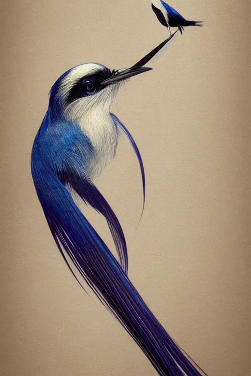 Prompt: Ethereal Asian Paradise Flycatcher bird, intricate detail, ornate, conceptual art, soft light, dynamic, art by artgerm