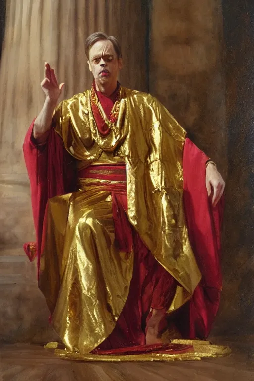 Prompt: beautiful portrait oil painting, steve buscemi wearing a golden wreath in royal crimson robes enthroned as the god emperor of ancient rome, mid - shot, by anders zorn, wonderful masterpiece by greg rutkowski, beautiful cinematic light, american romanticism, by thomas lawrence, greg rutkowski