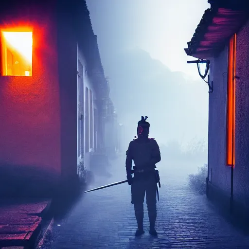 Prompt: a small village at night time, orange glowing light filters out through the windows of the houses and a thin mist has settled around then, a lone guard stands watch armed with a spear and a flaming torch, dramatic, dark moody lighting, high quality