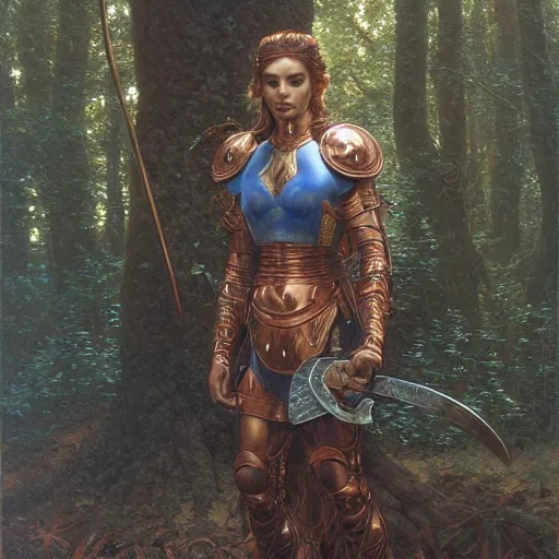 Image similar to a detailed, beautiful oil painting of a warrior wearing intricate, etched copper armor in an ancient forest, by michael whelan, donato giancola, and william adolphe bouguereau