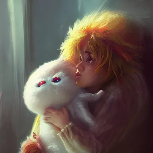 Image similar to The snuggliest snuggles in the world, huggy wuggy from poppy playtime video game, fullbody, ultra high detailed, glowing lights, oil painting, Greg Rutkowski, Charlie Bowater, Beeple, unreal 5, DAZ, hyperrealistic, octane render, RPG portrait, dynamic lighting, fantasy art, beautiful face