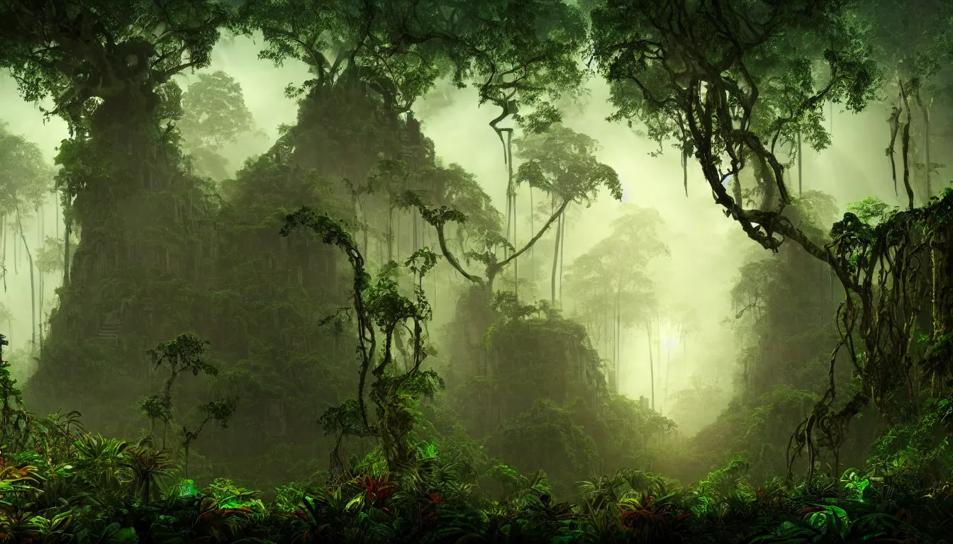 Image similar to deep mayan jungle forest realm biodiversity , side-scrolling 2d platformer game level, swirling clouds of magical mist through the trees, ancient temple gigantic statue heads in ruins in the background between the tree trunks, dramatic dusk sun illuminates areas, volumetric light , detailed entangled roots carpet the forest floor, rich color, upscale , 8k