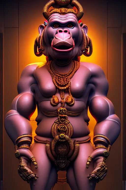 Image similar to high quality 3 d render post - rococo cyberpunk hanuman! head building, neon madhubani, open mouth, highly detailed, in sci - fi mumbai, cinematic smooth unreal engine, lee madgwick & liam wong, dramatic light, low angle, uhd 8 k, sharp focus