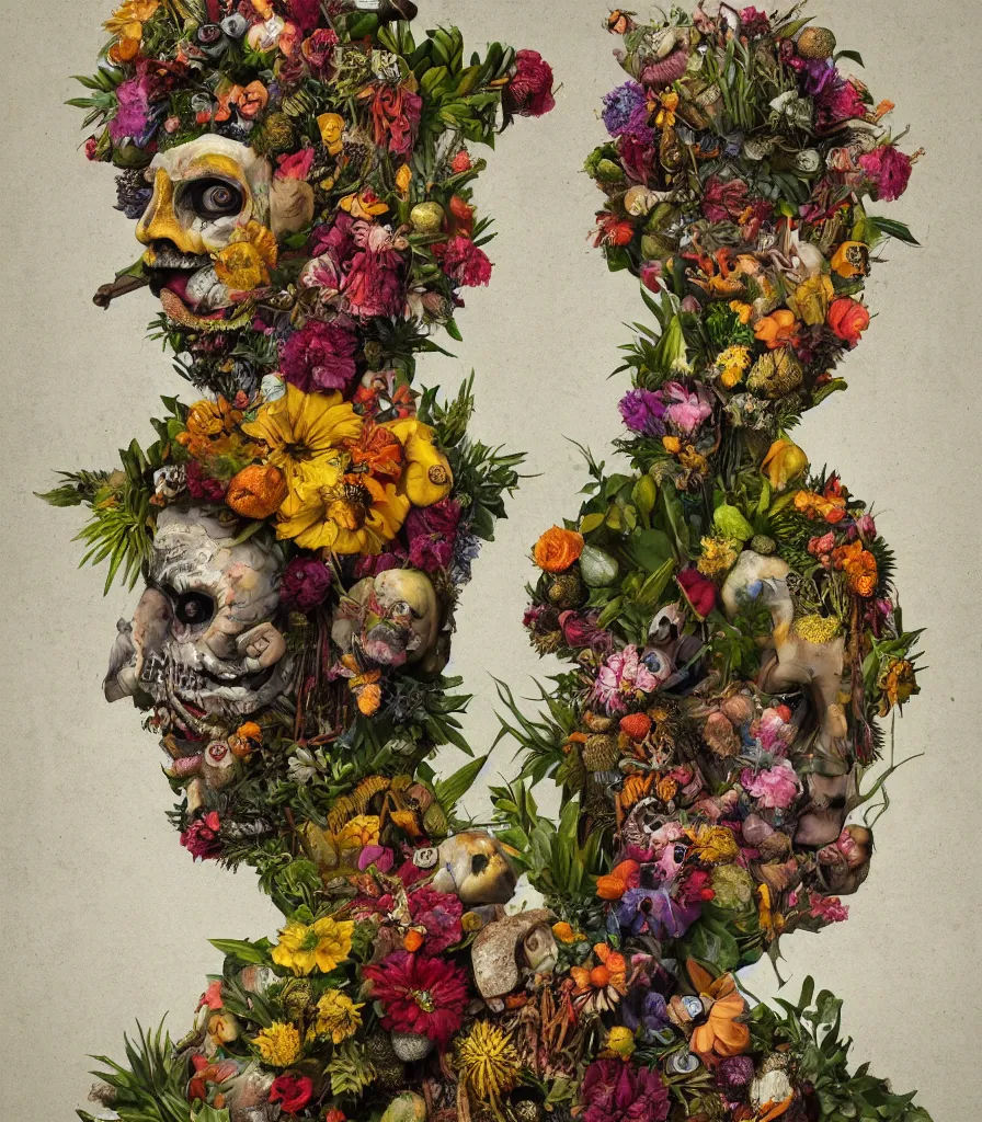 Prompt: portrait of a punk rock cenobite made out of flowers, fruit and insects in the style of arcimboldo and hieronymous bosch, botanical environment, baroque, surreal, high quality octane render, artstation, highly detailed