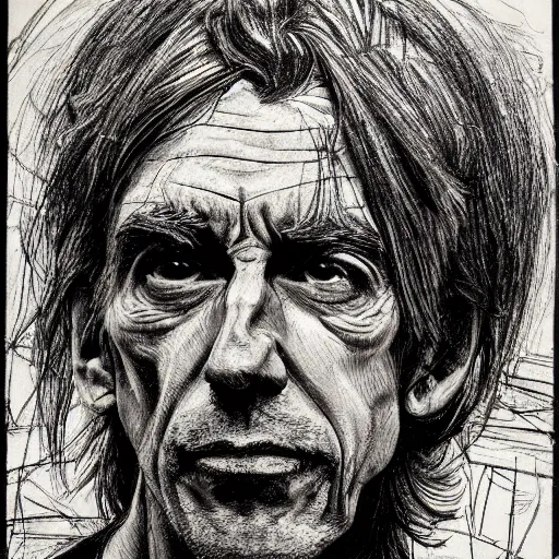 Image similar to a realistic yet scraggly portrait sketch of the side profile of a stern and sophisticated iggy pop, trending on artstation, intricate details, in the style of frank auerbach, in the style of sergio aragones, in the style of martin ansin, in the style of david aja, in the style of mattias adolfsson