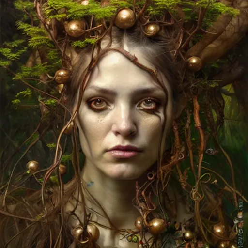 Image similar to highly detailed portrait of a female dryad with a wooden face. art by donato giancola, eugene delacroix, ruan jia, carl larsson, peter mohrbacher. trending on artstation, intricate details, energetic composition, horror themed, golden ratio, concept art, illustration, elegant art, global illumination