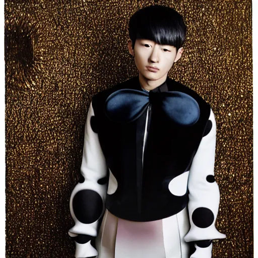 Image similar to a beautiful young korean male wearing iris van herpen mickey mouse couture, photographed by erwin olaf