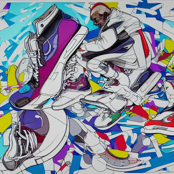 Image similar to futuristic sneakers in jeff koons hip hop bauhaus style, highly detailed, hyper realistic, art by todd mcfarlane