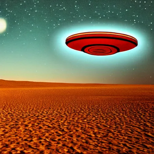 Image similar to ufo flying over the desert at night, old picture, flying saucer!!,