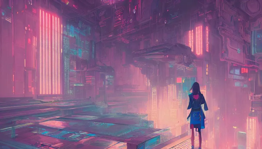 Image similar to a digital painting of a woman exploring a temple, cyberpunk art by james jean, cgsociety, retrofuturism, anime aesthetic, chromatic, iridescent