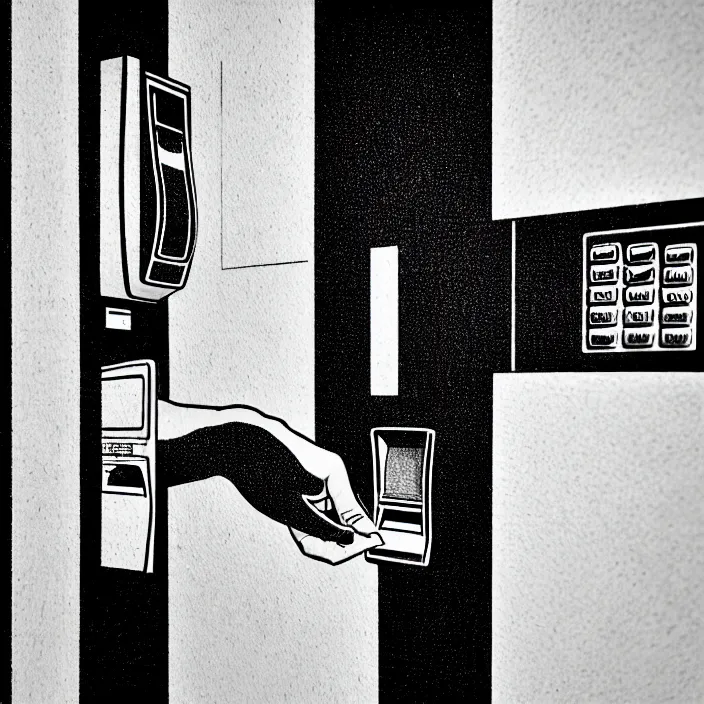 Image similar to a closeup of a hand inserting a card into a slot in an atm in a black - tiled wall. black and white, pencil and ink. by gabriel hardman, joe alves, chris bonura. cinematic atmosphere, detailed and intricate, perfect anatomy