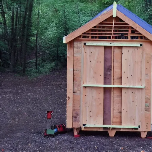 Prompt: man in a dress builds a wooden shed out of pallets diy tools nikon dslr detailed