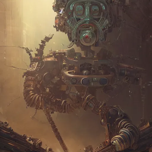 Prompt: robot using modular synth, bypeter mohrbacher and chris myer, intricate detail, finely detailed, small details, extra detail, photorealistic, high resolution, vray, hdr, hyper detailed, insane details, intricate, elite, ornate, elegant, luxury, dramatic lighting, octane render, weta digital, micro details, 3 d sculpture