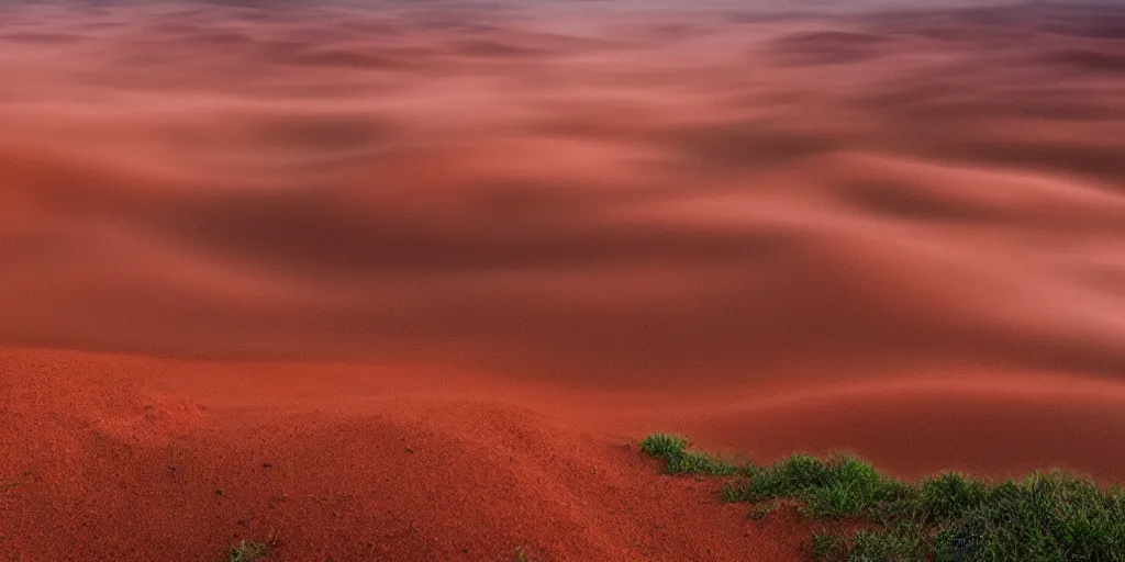 Image similar to red sand hills, beautiful, dawn, foggy area, photorealistic, panoramic shot, 4 k