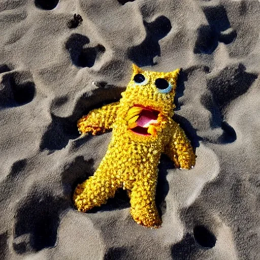 Prompt: a super adorable honeycomb monster crazy craving at the beach