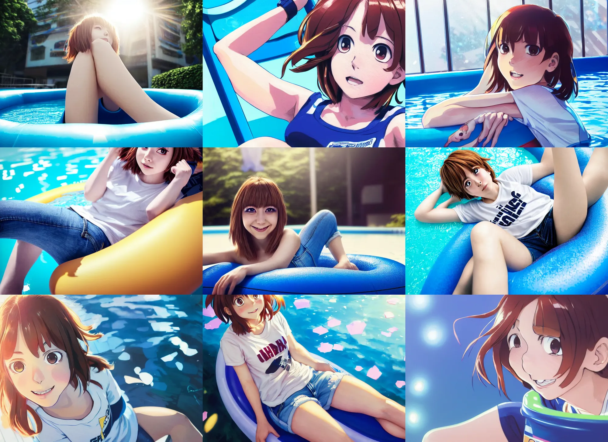 Image similar to closeup portrait of ochaco uraraka from my hero academia relaxing in jeans and a t - shirt on a floating pool chair, sunny, bright, reflections, intricate, sharp focus, lens flare, bloom, illustration, highly detailed, digital painting, concept art, matte, art by ruan jia and wlop and greg rutkowski, masterpiece