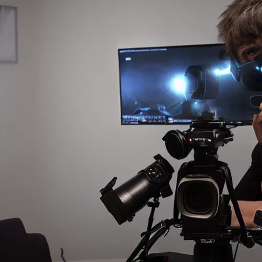 Prompt: a filmmaker sitting in front of a monitor with a camera by his side, volumetric lighting, artstation