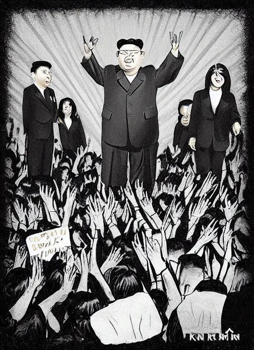 Image similar to “Kim Jong-Un with long black woman hair on a concert stage singing with a death metal band. Crowd of people watching. Spotlights, smoke. Artstation.”