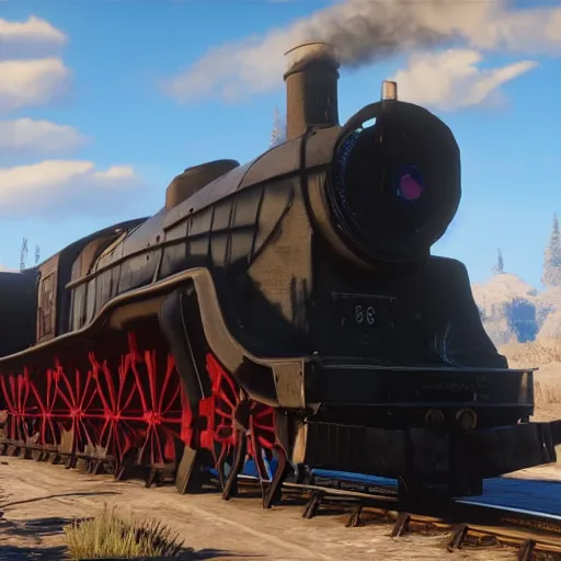 Image similar to futuristic sleek steam locomotive in red dead redemption 2