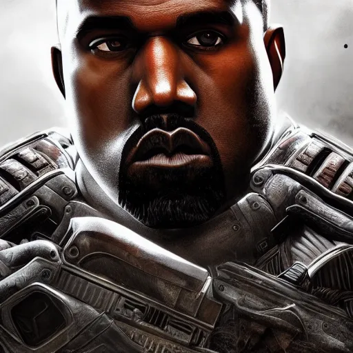 Image similar to Kanye West in Gears of War cover art, ultra wide lens shot , beautiful, DnD character art portrait, realistic, hyperdetailed, DeviantArt Artstation, cinematic lighting