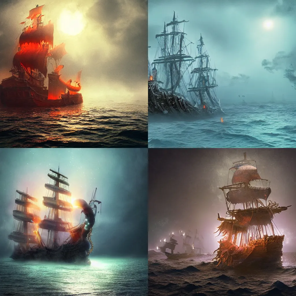 Prompt: an ephemeral ghost ship full of glowing ghost and skereton pirates engulfed in a thick fog, approaching an inhabited island in the Caribbean at night, an award-winning high-quality digital art, hyperrealistic