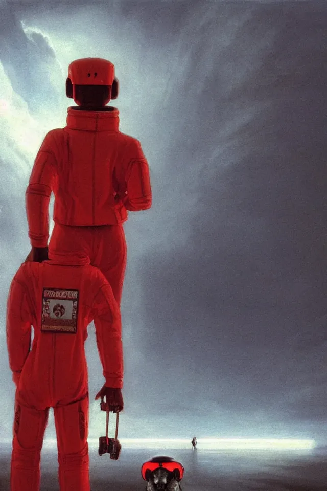 Prompt: CHAPPIE In A Red Adidas Track Suit, full figure, stormy weather, extremely detailed masterpiece, low-key neon lighting, artstation, 2001: A Space Odyssey, Roger Deakin’s cinematography, by J. C. Leyendecker and Peter Paul Rubens and Edward Hopper and Michael Sowa