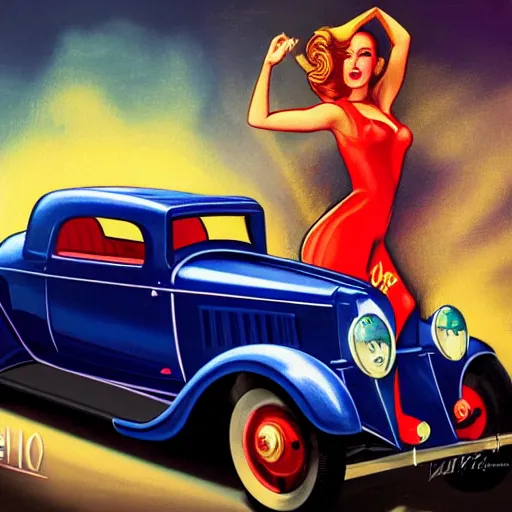 Prompt: 3 d fisheye, very low angle, painting showing jeffree star driving exaggerated 1 9 3 0 s car with woman driving, shiny, aerodynamic, dramatic lighting, sultry, sensual, vargas, wlop, manara, mucha, moebius, elvgren, joshua middleton, clay mann, artgerm