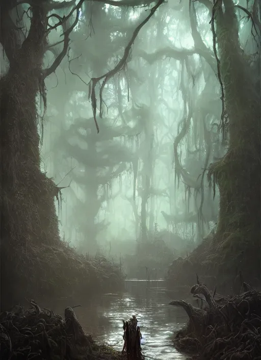 Prompt: dark fantasy swamp, extremely detailed oil painting, unreal 5 render, rhads, Bruce Pennington, Studio Ghibli, tim hildebrandt, digital art, octane render, beautiful composition, trending on artstation, award-winning photograph, masterpiece