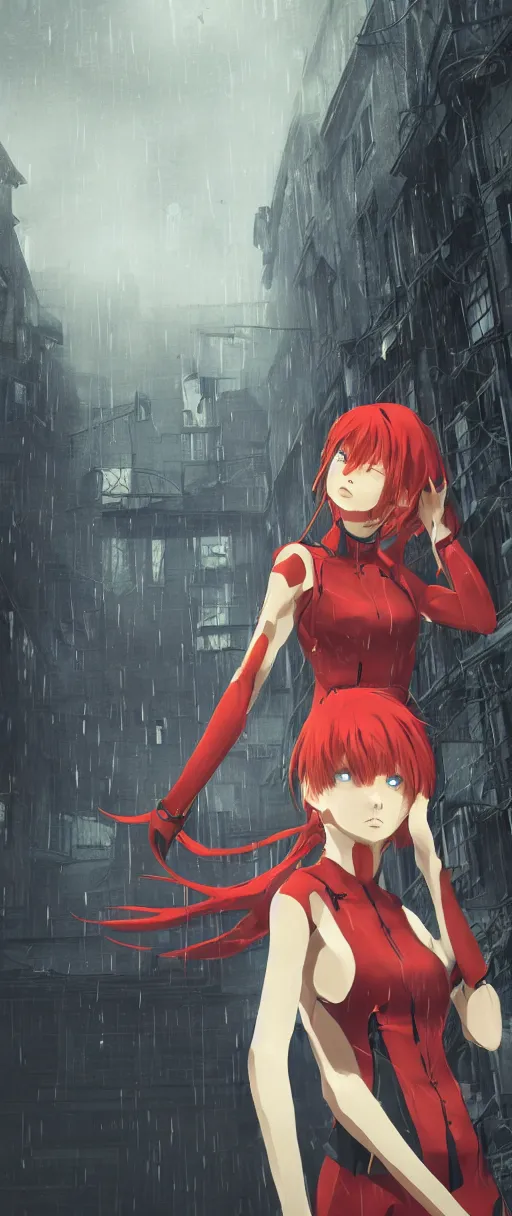 Prompt: asuka langley soryu in a dishonored town, dunwall city, advanced digital art, dishonored aesthetic, cinematic lighting, rainy weather, melancholy atmosphere, artstation, dunwall city, gothic architecture, volumetric light, octane render, dishonored game, dishonored 1, atmosphere or depression and despair, bokeh blur, anime character portrait, cute anime face