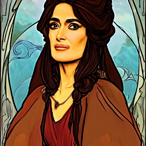 Image similar to salma hayek as esmerelda from the hunchback of notre dame, portrait, mucha style