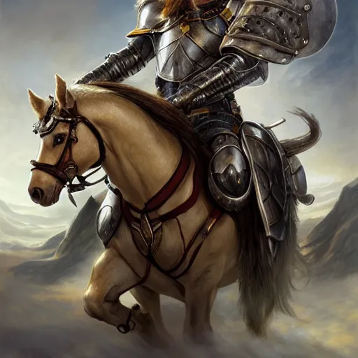 Image similar to portrait, handsome long - haired male fantasy paladin in shining armor on an armored horse, blond, rpg game, stern expression, main character, detailed, digital painting, artstation, sharp focus, illustration, artgerm, tomasz alen kopera, peter mohrbacher, donato giancola, joseph christian leyendecker, wlop, frank frazetta