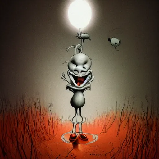 Image similar to scribble of bugs bunny with a wide smile and a red balloon by Zdzisław Beksiński, loony toons style, pennywise style, corpse bride style, creepy lighting, horror theme, detailed, elegant, intricate, conceptual, volumetric light