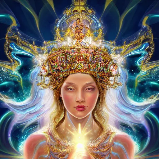 Prompt: highly detailed digital painting of a beautiful goddess of hope! by wlop, bright light emerging from her eyes, wearing a crown, sculpted in white opalescent marble, with lots of thin ornaments, curves and chaotic fractal art inlays, intricate, 8 k, golden aura, cinematic light, background atmospheric effects, sparkles, light rays, mixed with mucha style