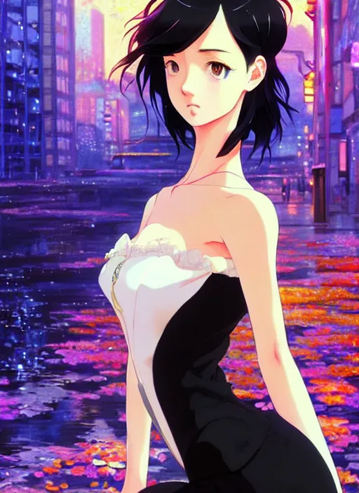 Image similar to a beautiful girl with black hair in 2020's fashion, ballroom background, intricate, highly detailed, digital painting, artstation, official media, anime key visual, concept art, rich vivid colors, ambient lighting, sharp focus, illustration, art by Artgerm, Makoto Shinkai, Ilya Kuvshinov, Lois Van Baarle, and Rossdraws